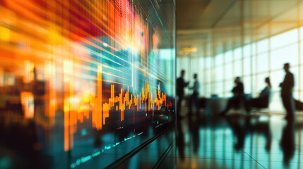 Poster - professional meeting room with digital display showing data analysis. silhouettes of business people are visible in background, creating dynamic atmosphere