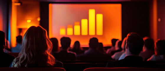 Poster - Audience watching leadership presentation with glowing bar graph, showcasing growth and success in professional setting