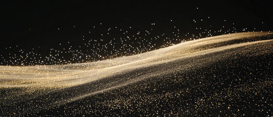 Poster - Golden particles shimmer in dark background, creating magical and celebratory atmosphere. flowing waves of light evoke sense of wonder and joy