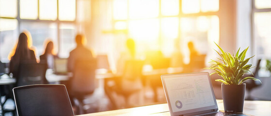 Poster - bright office environment with sunlight streaming through large windows, showcasing modern workspace with plants and laptops. atmosphere is productive and inviting