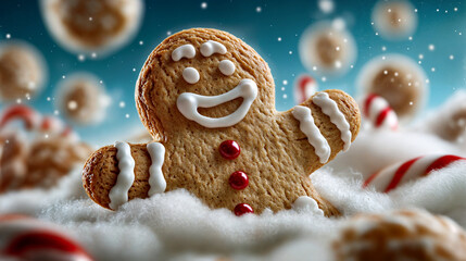 Wall Mural - gingerbread man cookie with white icing decorations, resting on a bed of white fluffy substance, surrounded by candy canes and other cookies