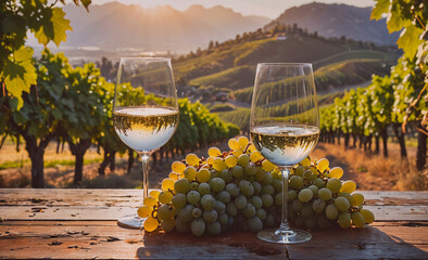 Poster - Two wine glasses with a bunch of grapes in front of them. The wine glasses are full and the grapes are in the middle of the table