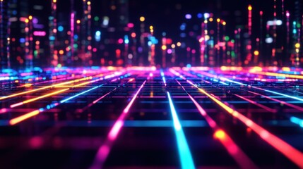Poster - Neon Lights Illuminate Futuristic Cityscape Grid