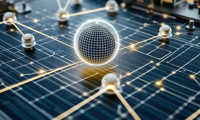 Poster - A glowing globe is interconnected with various nodes in a high-tech digital environment highlighting advanced technology concepts