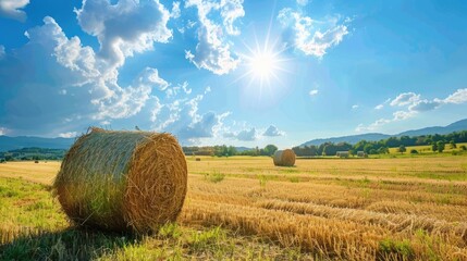 Agricultural field with hay bales and sunny blue sky.