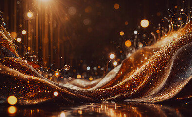 Poster - Gold and black fabric with a shiny, sparkly appearance. The fabric is draped over a surface and has a shiny, reflective quality
