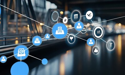 Poster - Icons represent various digital networking concepts floating over a reflective surface, emphasizing technology and interconnectedness