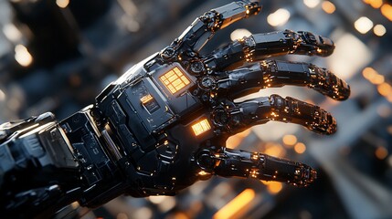 Poster - Close-up of a futuristic robotic hand with glowing components.