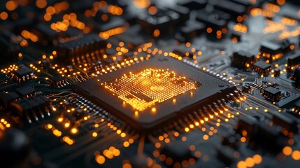 Poster - glowing electric currents pulsing through intricate circuit board futuristic technology concept