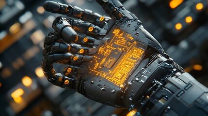 Poster - Close-up of a futuristic robotic hand with illuminated circuits.