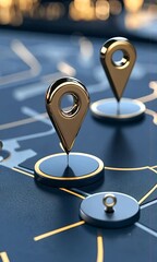 Poster - Golden map pins highlight key locations on a digital navigation layout, showcasing modern mapping technology in urban exploration