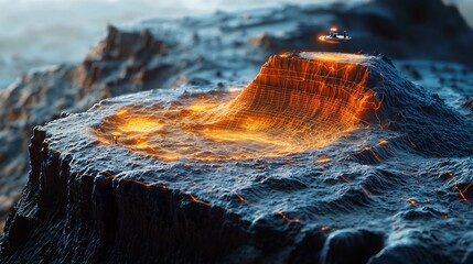 Poster - glowing holographic spacecraft orbiting a digital model of mars with projected topography and real t