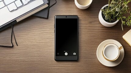 Poster - Smartphone on Wooden Desk with Coffee and Plant