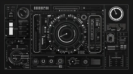 Futuristic monochrome digital dashboard interface with various gauges and displays.