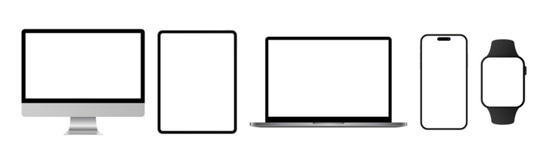 Fototapete - Apple iMac iPad Macbook iPhone 16 Pro Max and Watch Devices Mockup Template. Desktop Tablet PC Laptop Mobile Phone Smartwatch Realistic Modern Device Mockup Set Vector Illustration