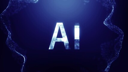 Poster - Artificial intelligence concept. Futuristic Artificial intelligence Visualization with glowing blue letters ‘AI’ between digital particles on a dark background. Seamless Loop. 