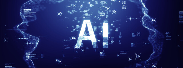Poster - Technology Artificial intelligence concept. big data flow analysis, deep learning modern technologies concepts. Symbolizing advanced artificial intelligence and big data analysis.