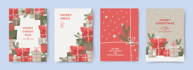Wall Mural - merry christmas and happy new year greeting card set. xmas cute background with christmas tree branc