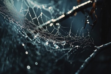 Dew-covered spider web glistening in early morning light