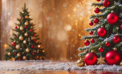 Poster - Red and gold christmas tree with many red and gold ornaments. There are two trees, one on the left and one on the right