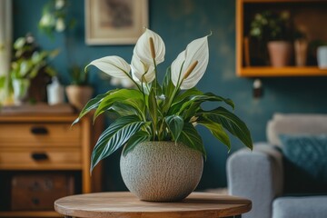 Wall Mural - nordic interior design, peace lily flower on a wooden side table in a stylish swedish home, complemented by nordic decor