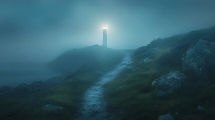 Wall Mural - Lonely Lighthouse on Foggy Coastal Path