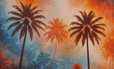 Poster - Three palm trees are in the foreground of a painting. The trees are in a tropical setting. The painting is a mix of blue, orange, and green colors