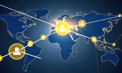 Poster - the visual representation highlights global connectivity, featuring a digital map with illuminated n