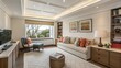 © Visual Vibes - Elegant living room interior with modern furnishings, large windows with panoramic views, subtle ceiling lights and harmonious color scheme in neutral tones