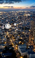 Poster - An aerial view reveals a vibrant city skyline with bright lights forming intricate connections as dusk settles over the urban landscape