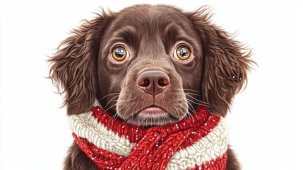 Wall Mural - A cute brown dog wearing a festive red and white scarf, looking curiously at the camera with big, expressive eyes.