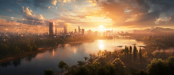 Wall Mural - A city with a river and a sunset in the background