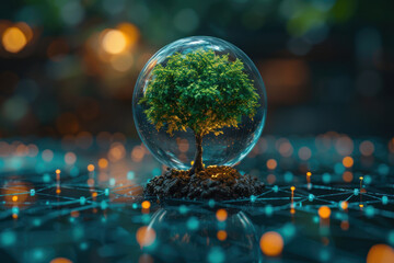 Poster - a miniature tree enclosed in a transparent glass ball. The tree stands on a small piece of soil, which is also inside the ball.  