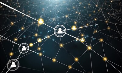 Poster - Dynamic visualization of a digital network illustrating connections and data flow across multiple nodes and pathways in a vast system