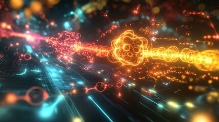 Poster - a dynamic visual of interconnected quantum gates, with energy fields highlighting the operations of 