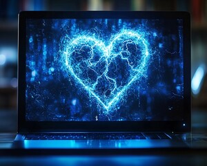 Poster - Glowing Electric Blue Heartbeat Forming on Digital Monitor Symbolizing Life Technology Connection
