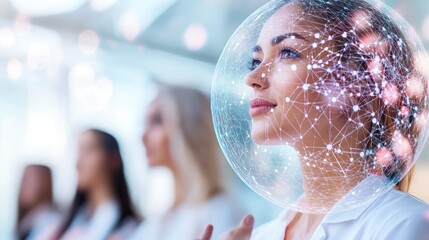 Woman gazes into digital globe of glowing lights.
