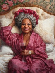 Wall Mural - Grandma with spiked Gray hair wearing a hot pink bathrobe with matching head wrap leaning up against a fluffy white pillow, lounging on a beautiful bed with a tufted headboard.