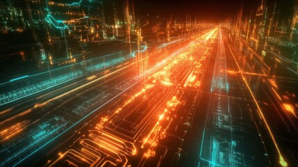 Fototapete - A futuristic portrayal of a quantum circuit in action, with glowing pathways and precise gate designs