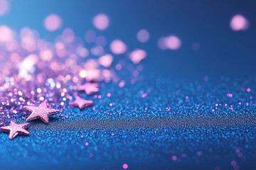 Wall Mural - glitter pink stars scattered on a shimmering blue surface, with bokeh lights