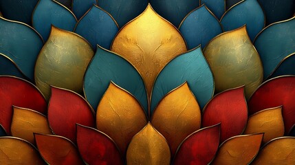Poster - Intricate Geometric Indian Temple Motif Abstract Background with Vibrant Teal Gold and Maroon Colors