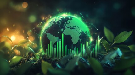 Poster - A glowing green globe with bar charts rising from its surface, framed by leaves, symbolizing sustainability and global growth