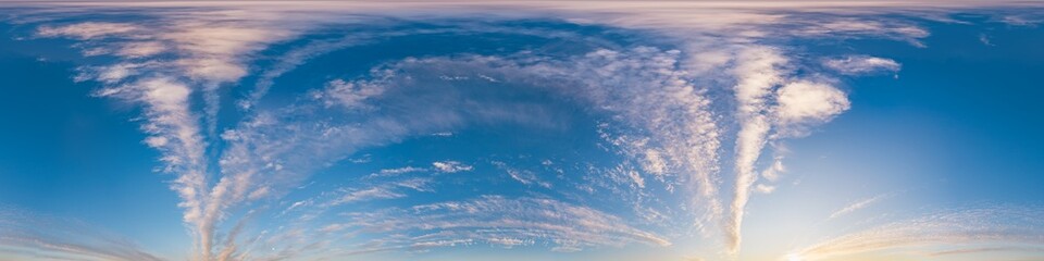 Wall Mural - sunset sky with bright glowing pink cirrus clouds. seamless spherical hdr 360 panorama. full zenith 