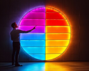 Aufkleber - Glowing Pie Chart with Business Analyst Pointing at Sales Growth Segment