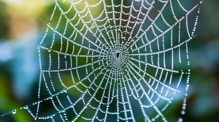 A stunning macro shot of morning dew on a delicate spider web, with intricate patterns and a soft blurred background