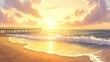 © Khalid - A tranquil beach scene at sunrise with a wooden pier stretching into the water and soft golden hues illuminating the waves