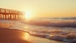 © Khalid - A tranquil beach scene at sunrise with a wooden pier stretching into the water and soft golden hues illuminating the waves