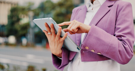 Aufkleber - Online, hands and person with tablet in street for social networking, reading ebook and travel location search. Japan, scroll or technology for internet research, web information or streaming service