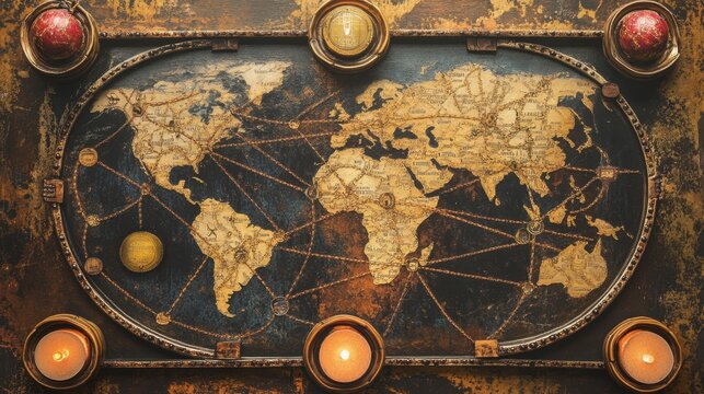 A symbolic plate with trade routes and nodes connecting continents, emphasizing the flow of global commerce