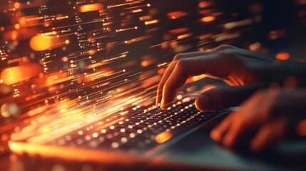 Poster - A close-up of a laptop keyboard with hands typing, surrounded by glowing lines of code and digital data, highlighting the fusion of technology and innovation